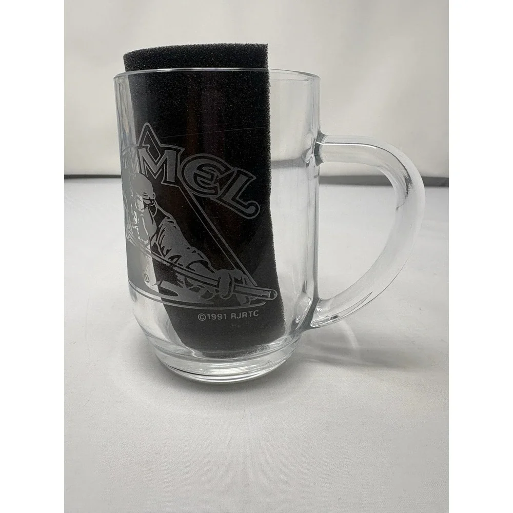 1991 Joe Camel Cigerettes Luminarc Clear Glass 16 oz Mug Etched Billiards Pool